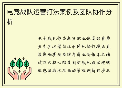 电竞战队运营打法案例及团队协作分析